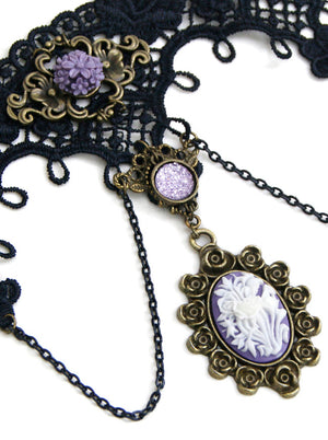 Women's Gothic Lace Choker Beads Chain Pendant Decorative Necklace Accessories Black/Purple Detail View