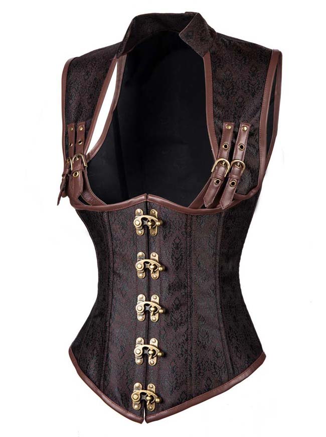 Women's Steampunk Steel Boned Waist Cincher Underbust Corset Vest with Shrug Brown Side View