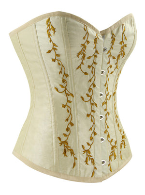 Haut de corset d'entraînement de taille de broderie désossée en acier pour femmes vue latérale abricot