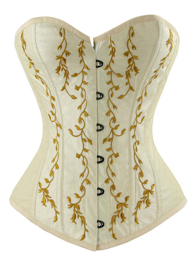 Women's Fashion Steel Boned Embroidery Lace-Up Overbust Corset Top Apricot Detail View