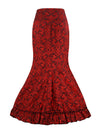 Victorian Red Fishtail Plus Gothic Long Fishtail Steampunk Unique Steampunk Pencil Fishtail Brocade Ruffle Skirt Back View