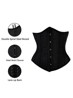 Women's High Quality 26 Double Spiral Steel Boned Satin Lace-Up Short Torso Underbust Corset Black Side View