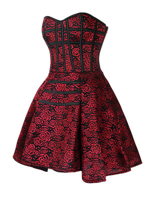 فستان كوكتيل نسائي مرتفع منخفض بسحاب مطبوع عليه ورود قوطي منظر جانبي أحمر