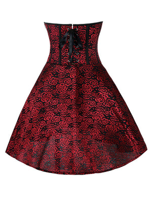 Women's Fashion Rose Print Zipper Boned High Low Dance Dress Red Back View