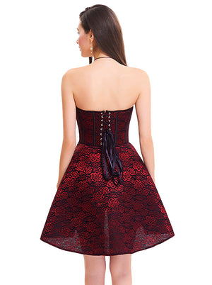 Women's High Quality Rose Print Zipper Boned High Low Short Dress Red Back View