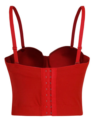 Women's Steampunk Spaghetti Straps Push Up Faux Leather Bustier Crop Top Bra Red Back View