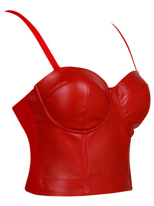 Women's Fashion Spaghetti Straps Push Up Faux Leather Clubwear Bustier Crop Top Bra Red Side View