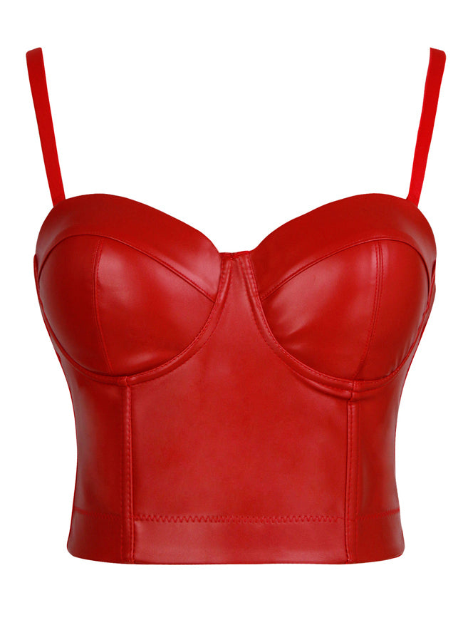 Women's Retro Spaghetti Straps Push Up Faux Leather Halloween Bustier Crop Top Bra Red Detail View