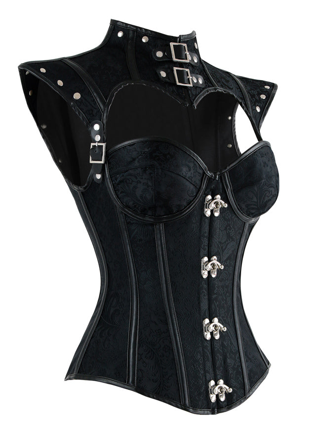 Women's Steampunk Steel Boned Faux Leather Jacquard Overbust Corset with Shrug Black Side View