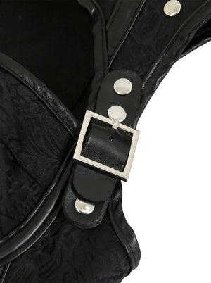 女性のレトロなスチール骨付きフェイクレザージャカードシェイプウェアコルセット、肩をすくめる黒の詳細ビュー