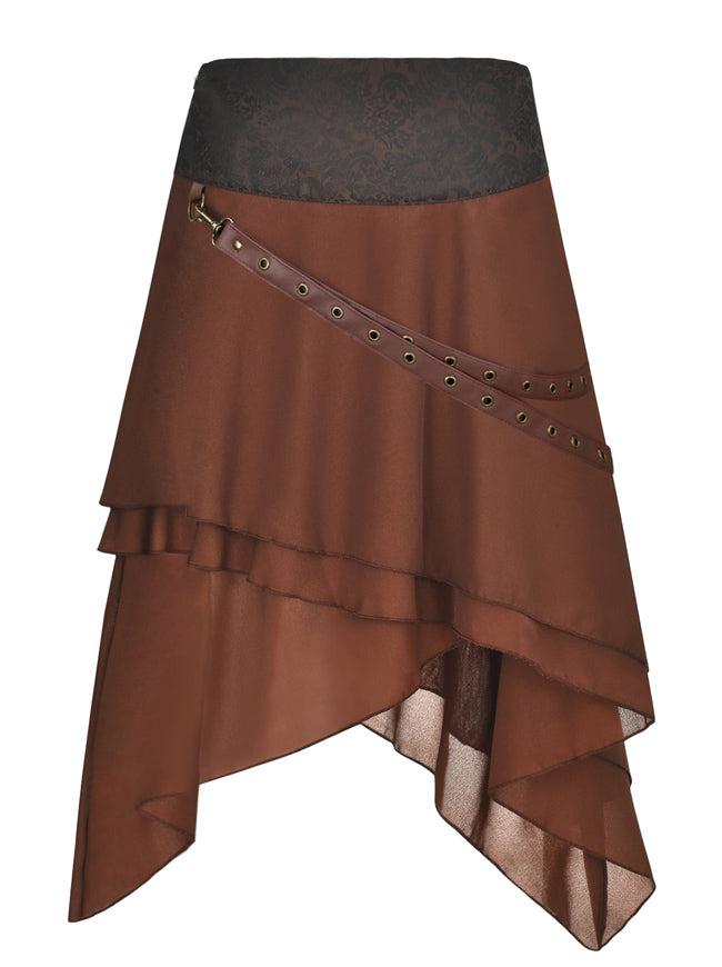 Women's Steampunk Multi Layered High Low Skirt with Pocket Belt Brown Back View