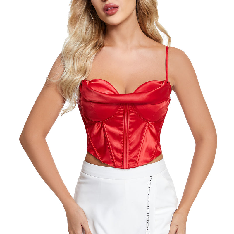 Charming Lovely Female Satin Zipper Closure Spaghetti Straps Overbust Crop Top Side View