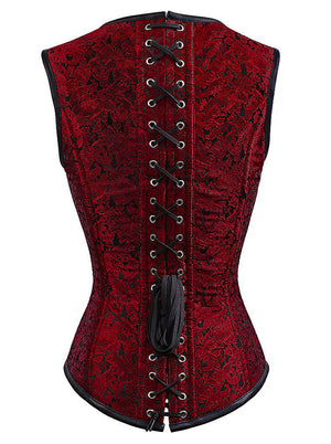 Women's Steampunk Brocade Steel Boned Overbust Vest Corset Red Back View