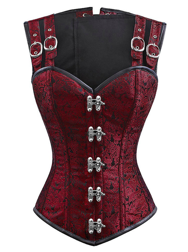 Women's Victorian Brocade Steel Boned Bustier Overbust Vest Corset Red Side View