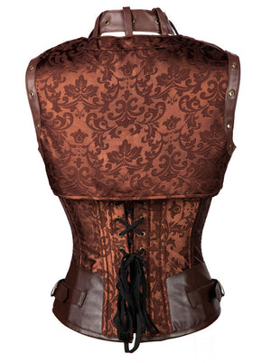 Women's Fashion Jacquard Steel Boned Brocade Faux Leather Waist Cincher Corset Brown Back View