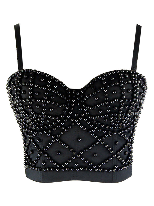 Women's Fashion Spaghetti Strap Beads Lingerie Bra Top Black Detail View