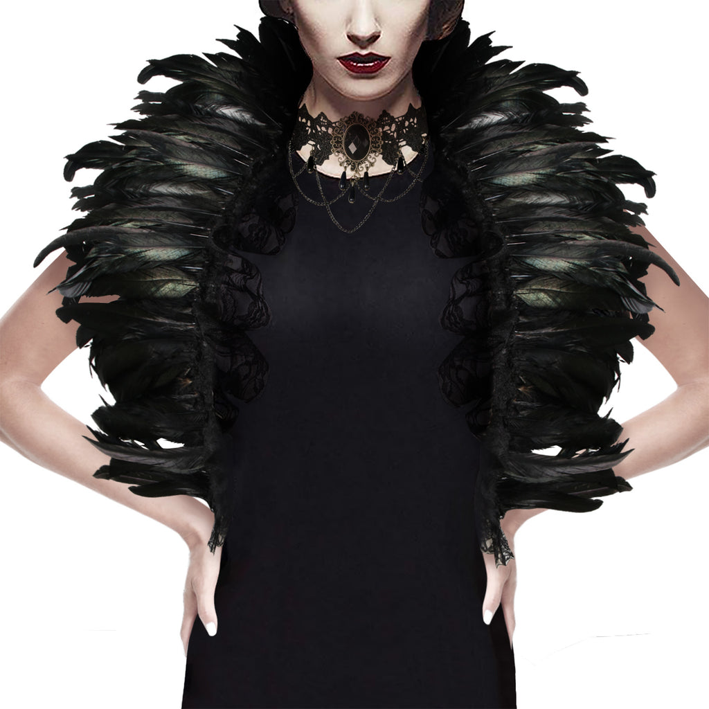 Charmian Gothic Feathers Shawl Halloween Cape Shrug Accessories with Lace Necklace