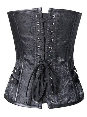 Steampunk Brocade Spiral Steel Boned Corset with Buckles Black Back View