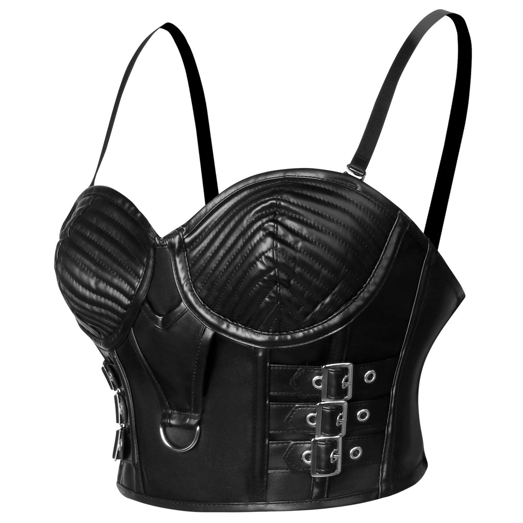 Fashion Charming Women Black Leather Steampunk Buckle Closure Bra Side View