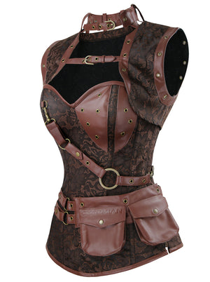 Women's Steampunk Spiral Steel Boned High Neck Corset with Jacket Brown Side View