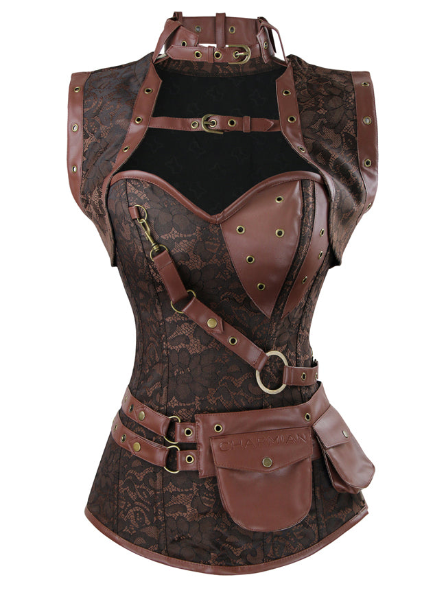 Spiral Steel Boned Steampunk Gothic Vintage Brocade Corset with Jacket and Belt Main View