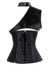 Women's Steampunk Steel Boned One Shoulder Leather Overbust Corset with Shrug and Buckles Black Back View