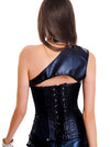 Women's High Quality Steel Boned One Shoulder Leather Waist Cincher Corset with Shrug and Buckles Black Back View