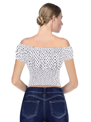 Vintage Rüschen aus der Schulter Polka Dot Kurzarm Bluse Crop Top Model View