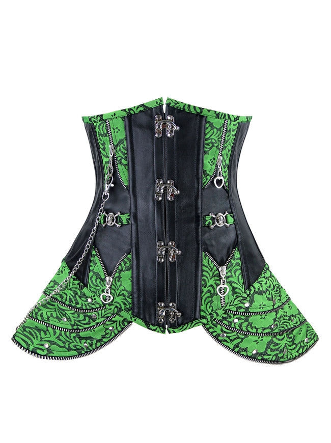 Women's Gothic Brocade Steel Boned Leather Underbust Corset with Hip Panels Green Back View