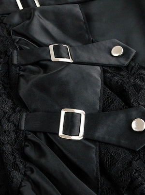 تنورة نسائية ذات دانتيل سايبر بانك من الدانتيل بتصميم رجعي غير متماثل مع أبازيم عرض تفاصيل سوداء