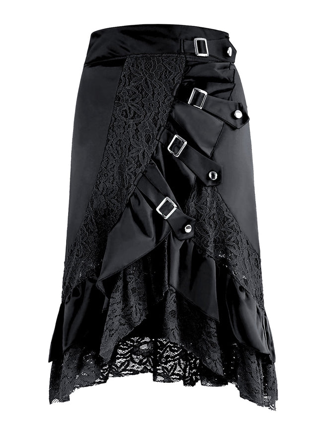 Women's Victorian Asymmetry Lace Cyberpunk High Low Party Skirt With Buckles Black Detail View