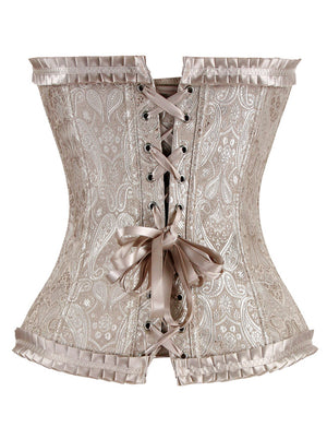 Women's Luxurious Brocade Embroidered Floral Overbust Corset Apricot Back View