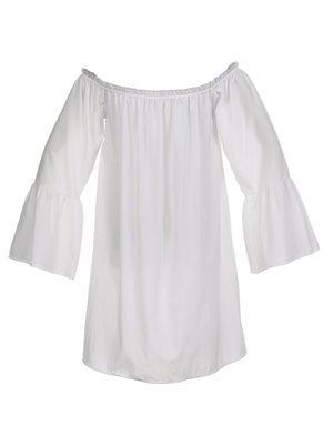 Lässige, schulterfreie, langärmlige, bäuerliche Bluse, Minikleid, weiße Rückansicht