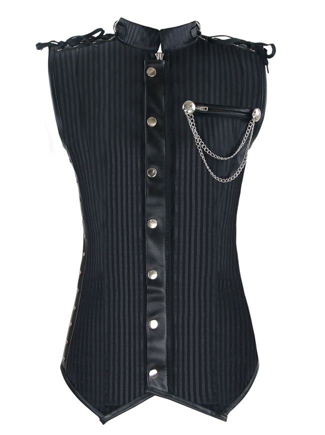 Men's Spiral Steel Boned Victorian Steampunk Gothic Retro Stripe Waistcoat Vest with Chain