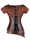 Women's Steampunk Jacquard Steel Boned Leather Pirate Corset with Belt Brown Back View