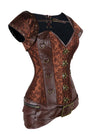 Women's Retro Jacquard Steel Boned Brocade Leather Overbust Corset with Jacket and Belt Brown Side View