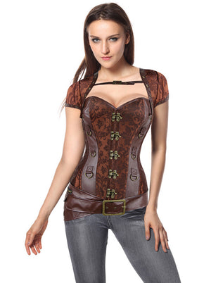 Women's Fashion Jacquard Steel Boned Brocade Leather Halloween Overbust Corset with Jacket and Belt Brown Main View