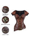 Women's Vintage Jacquard Steel Boned Brocade Leather Belt with Hip Pouch Overbust Corset Brown Detail View