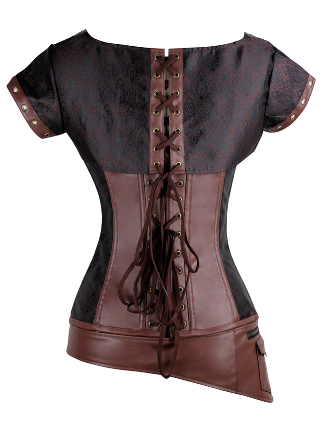 Women's Steampunk Spiral Steel Boned Leather Pirate Corset with Belt Light-Brown Back View