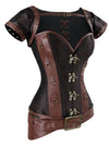 Women's Retro Spiral Steel Boned Brocade Leather Overbust Corset with Jacket and Belt Light-Brown Side View