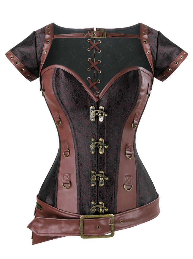 Women's High Quality 12 Spiral Steel Boned Brocade Leather Overbust Corset with Jacket and Belt Light-Brown Detail View