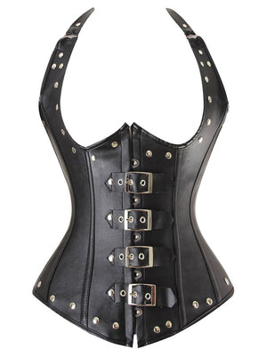 Steampunk Halter Faux Leather Steel Boned Corset with Buckles