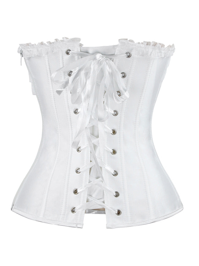 Women's Elegant Satin Bridal Lace Boned Overbust Corset Bustier White Back View