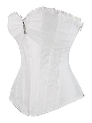 Women's Vintage Satin Lace Boned Overbust Wedding Corset with Rhinestone White Side View