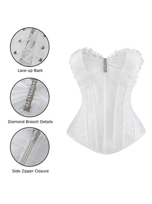 Women's Retro Floral Satin Lace Boned Waist Cincher Overbust Corset with Rhinestone White Detail View
