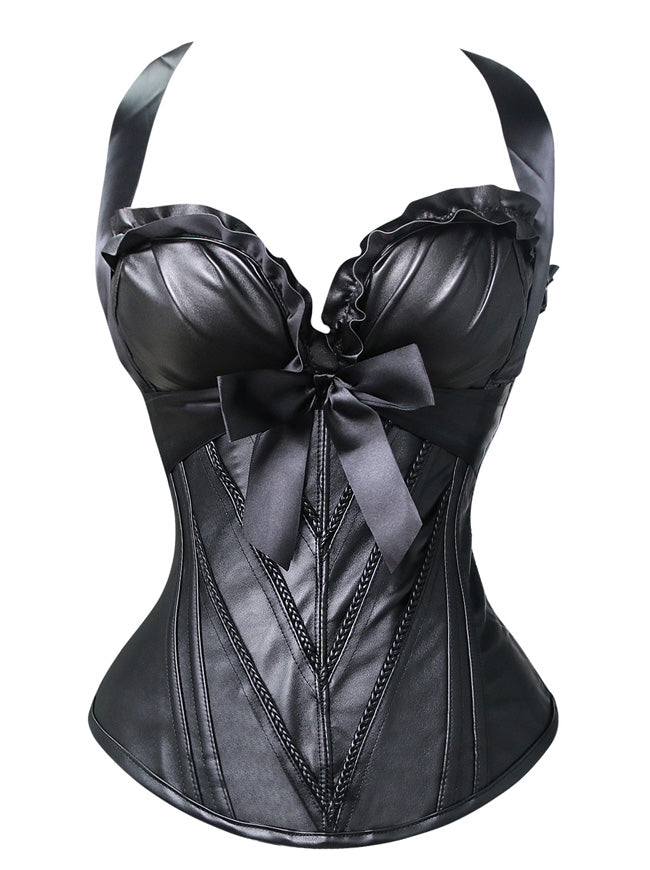 Burlesque Vintage Fashion Classic Leather Halter Bustier Corset Top with Zipper Leather