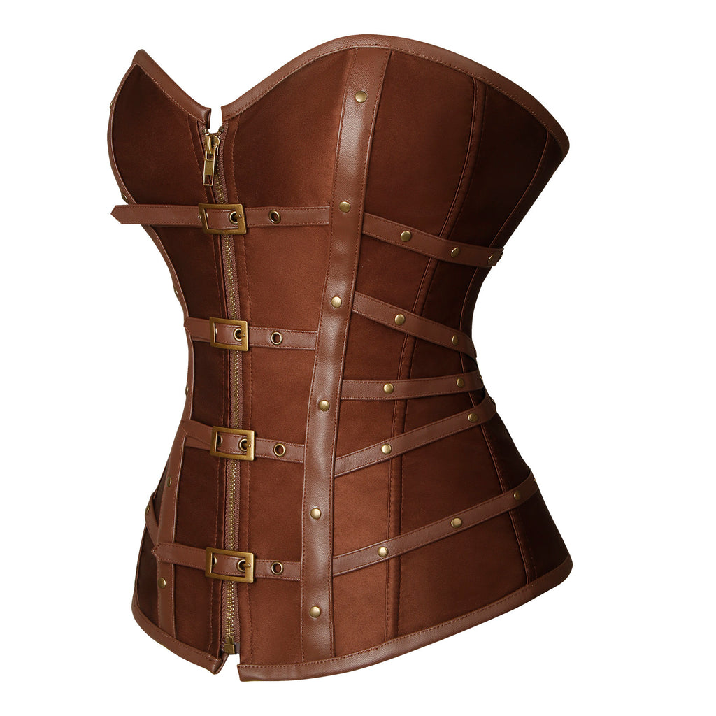 Brown Color Victorian Gothic Satin Rivets Accents Corset Side View