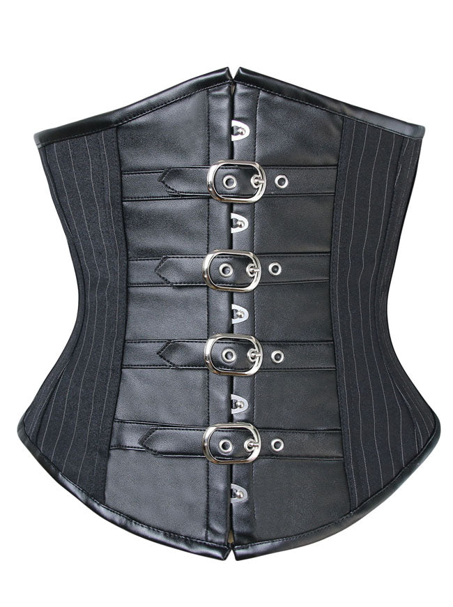 Gothic Pinstripe Faux Leather Steel Boned Corset with Buckles