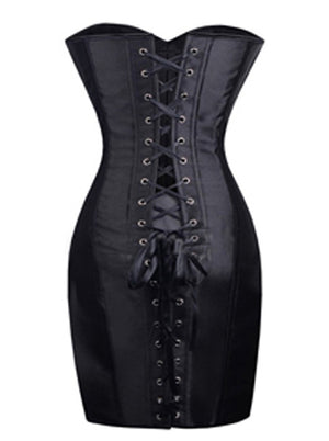 Women's Gothic Punk Steampunk Satin Lace Up Long Corset Dress Black Back View