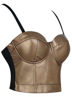 Leather Hook and Eye Closures Spaghetti Straps Crop Top Corset Bra